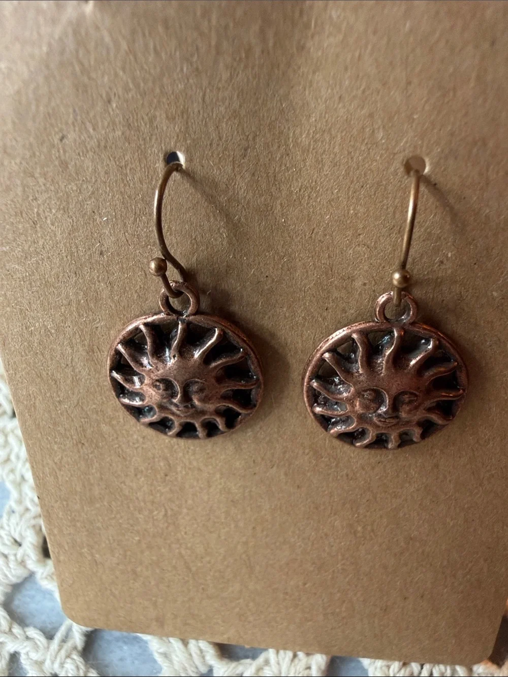 Sun Face Dangle Earrings - Copper Tone